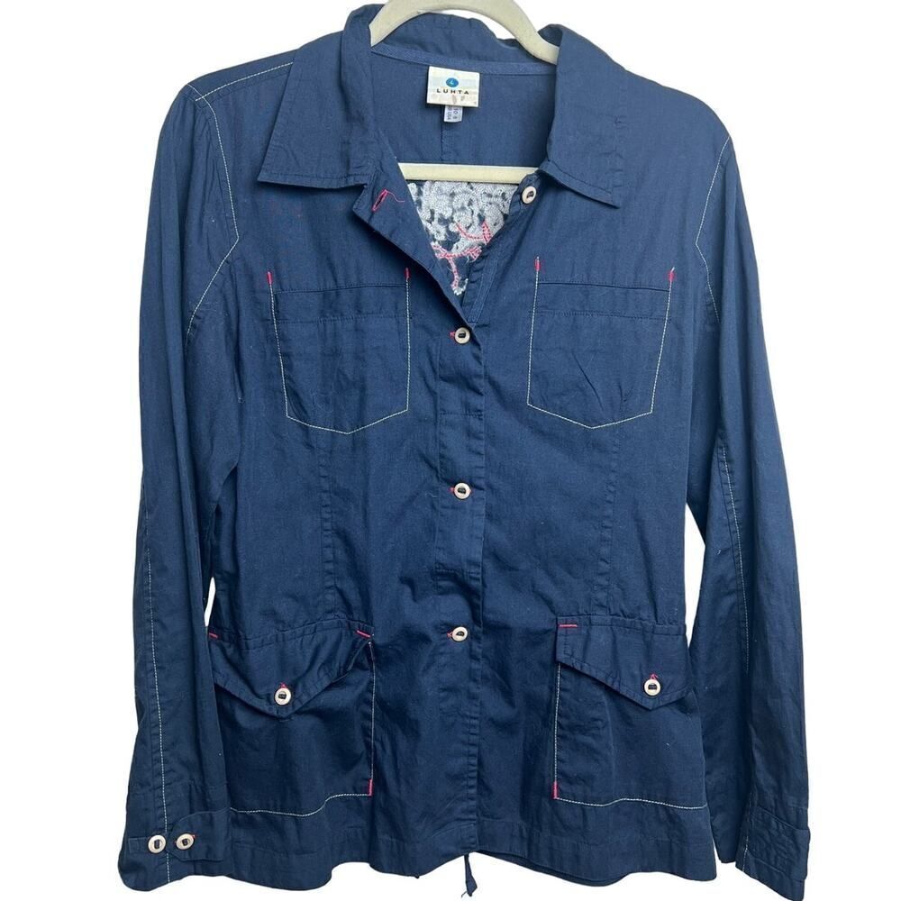 Luhta Navy Button Down Shirt Jacket with Embroidery on Back Women's Sz. 8